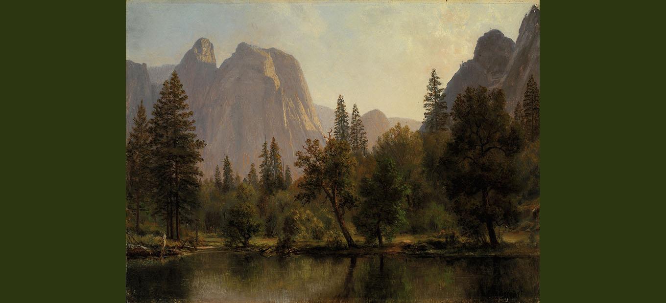 Painting of a lake’s edge surrounded by fir trees with towering peaks in the background