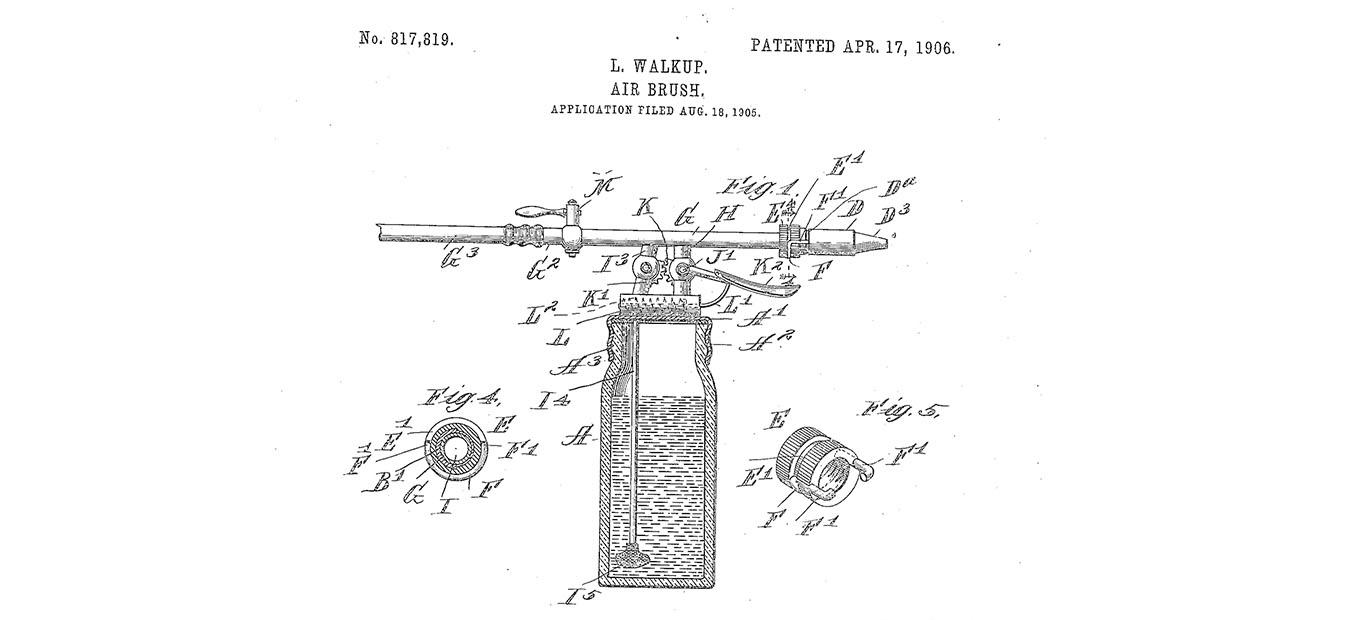 Patent drawing of an air brush pen and ink or paint reservoir