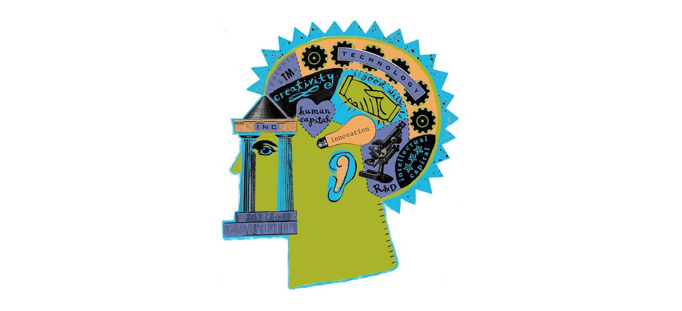 Logo for the Modern Inventors Documentation database, showing a stylized head with words like creativity and innovation written on different parts of the brain