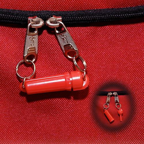 Close-up of the Zip-R-Lok security clasp on a red purse