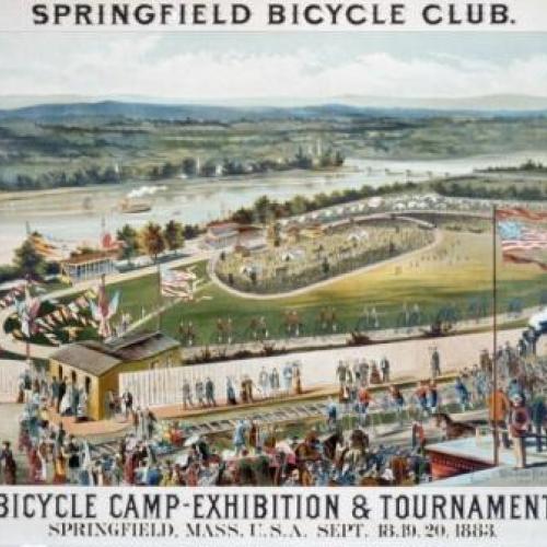 "Springfield Bicycle Club—Bicycle Camp—Exhibition and Tournament, Springfield, Mass, U.S.A., Sept. 18, 19, 20, 1883." Color lithograph by Milton Bradley and Co., Springfield, Massachusetts.