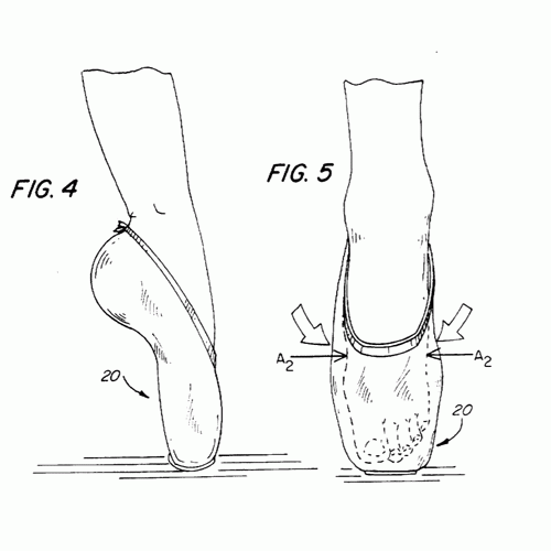 Patent drawings of a pointe shoe from the side and front.